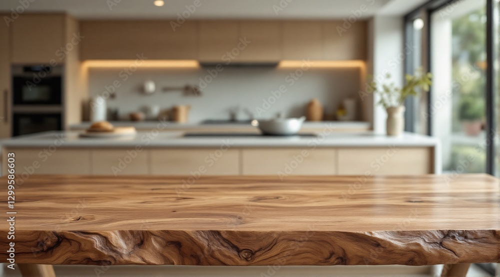 A clean wooden kitchen table with a sharp focus in the foreground, with a modern minimalist kitchen faintly visible in the background. A clean wooden kitchen table with a sharp focus in the foreground, with a modern minimalist kitchen faintly visible in the background.