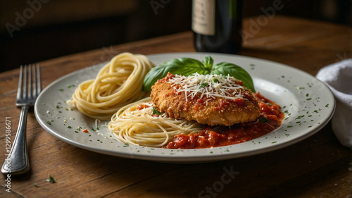 Chicken Parmesan, Italian pasta dish. Breaded chicken breast with cheese and spaghetti with tomato sauce, with parsley.
