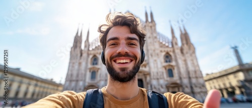 man taking a selfie in front of an old building.