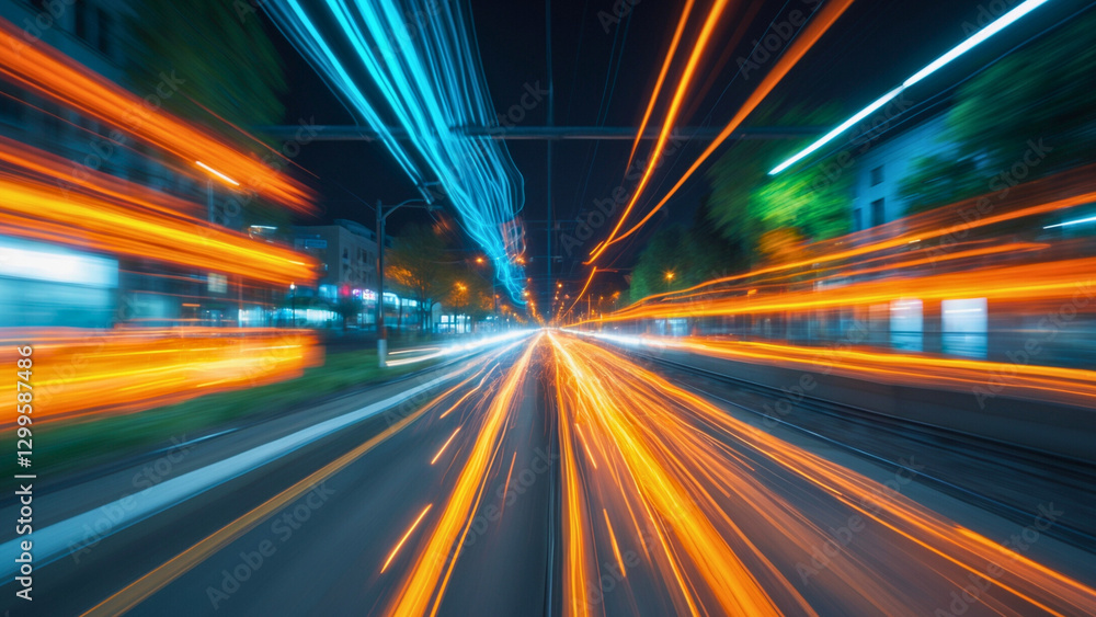 A kinetic, high-energy scene, seemingly photographed from a speeding train or car, blurs the lines between velocity and abstraction. Vibrant, electric streaks of light, rendered in shades of fiery ora A kinetic, high-energy scene, seemingly photographed from a speeding train or car, blurs the lines between velocity and abstraction. Vibrant, electric streaks of light, rendered in shades of fiery ora