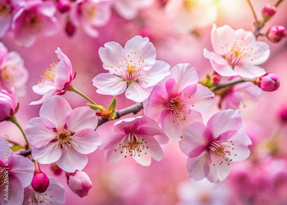 Naklejka premium Macro Photography: Delicate Japanese Cherry Blossom Pattern on Pink Background
