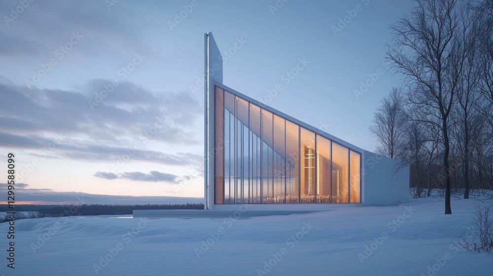 Fototapeta premium Modern minimalist chapel in snowy landscape at dawn.