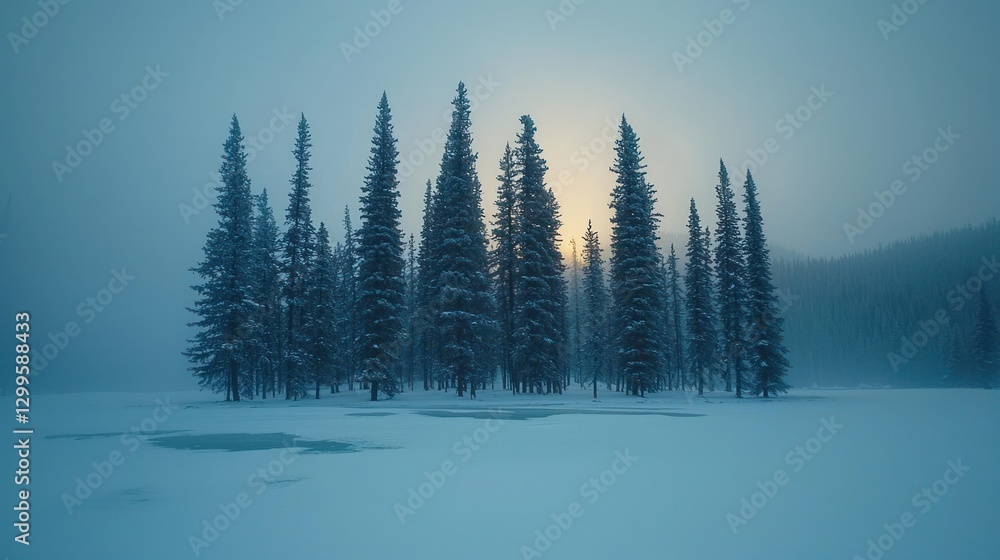 Silhouetted snow-covered pine trees at sunrise over a frozen lake. Silhouetted snow-covered pine trees at sunrise over a frozen lake.