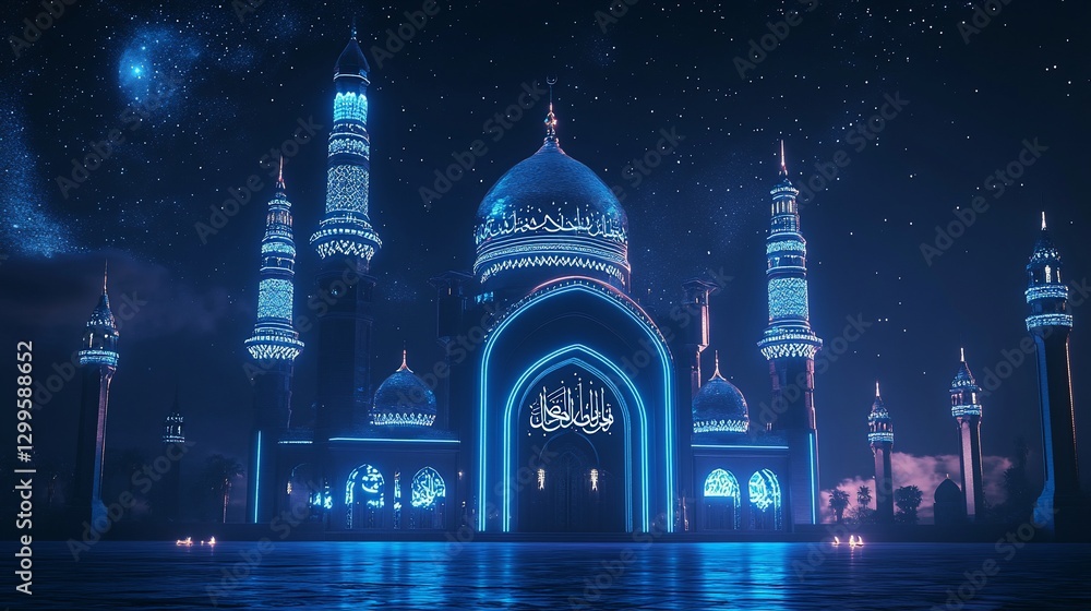 Fototapeta premium Spectacular Night View of a Blue Lit Mosque with Starry Sky Background