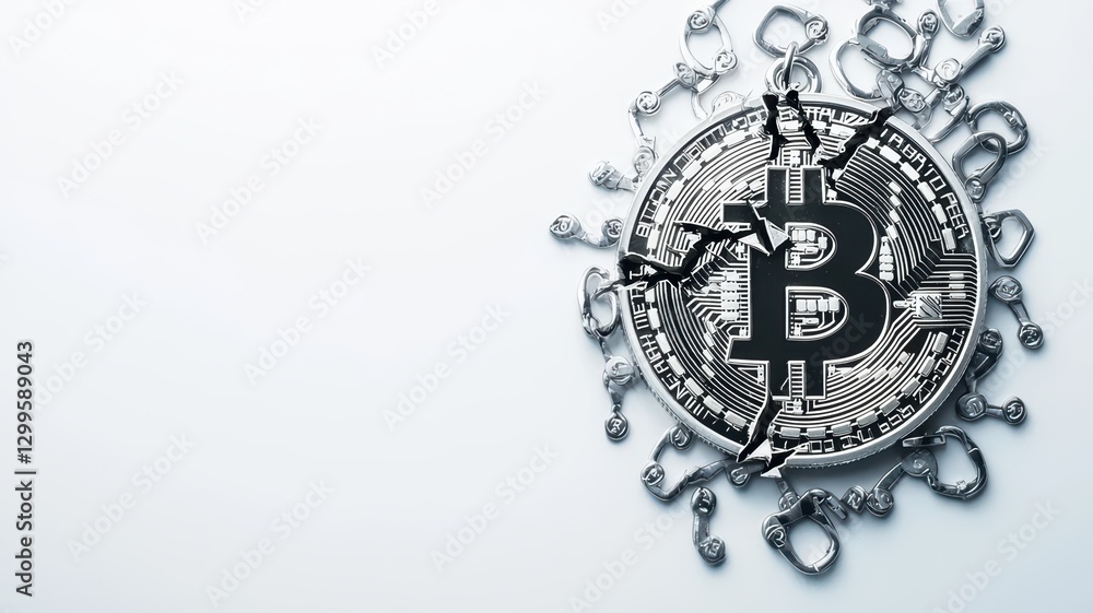 Naklejka premium A cracked Bitcoin surrounded by chains symbolizes challenges in cryptocurrency and security.