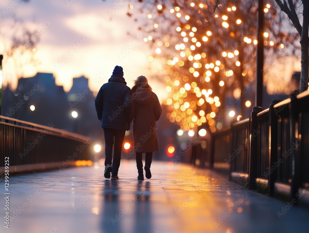 Couple walking at dusk with blurred lights in background Couple walking at dusk with blurred lights in background