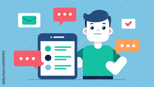 Testing Chatbots A developer using a mobile device interacting with a chatbot with visual indicators like thumbs up and error messages showcasing the testing process.