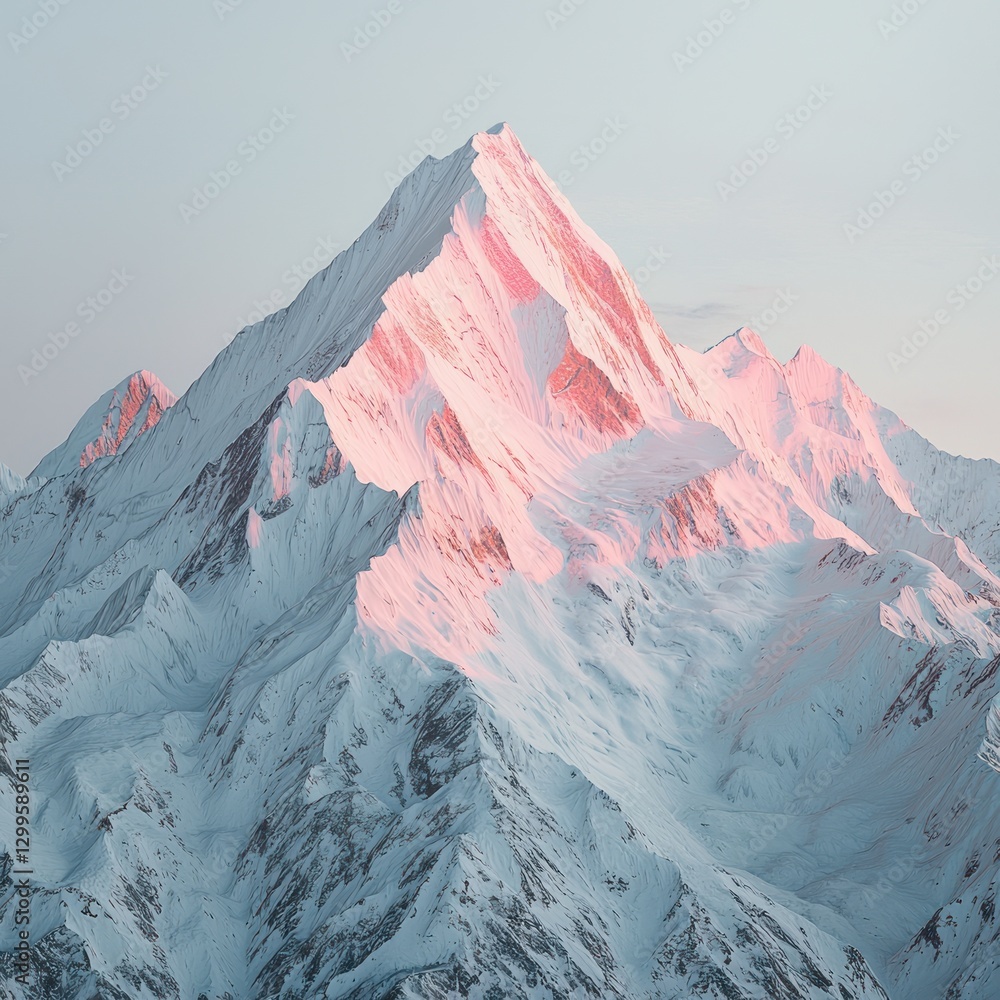 Obraz premium Majestic snow-capped mountain peak illuminated by sunrise, showcasing its rugged texture and vastness.