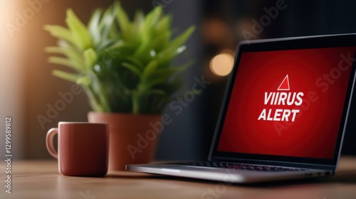 laptop displaying virus alert with coffee cup and plant