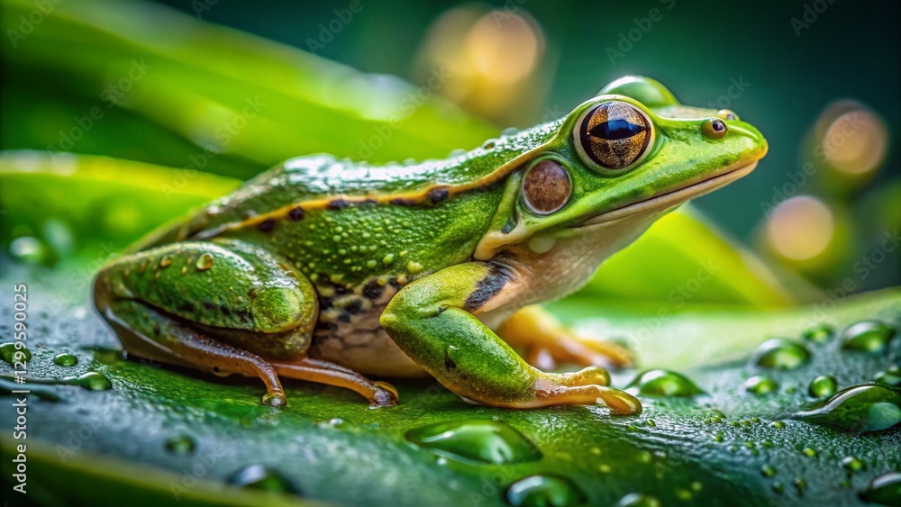 Macro Photography: Vibrant Green Frog on Lush Leaf - Detailed Texture Macro Photography: Vibrant Green Frog on Lush Leaf - Detailed Texture
