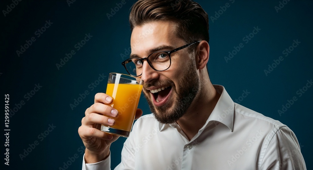 Young man with glasses smiling while holding a glass of orange juice against a blue background Young man with glasses smiling while holding a glass of orange juice against a blue background