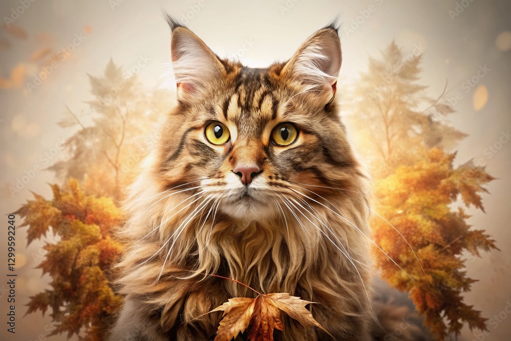 Fototapeta premium Maine Coon Cat Vintage Double Exposure Film Grain Stock Photo