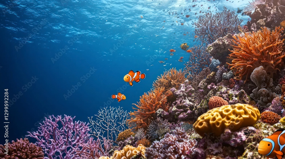 Fototapeta premium Vibrant Coral Reef Scene Tropical Fish Ocean Underwater