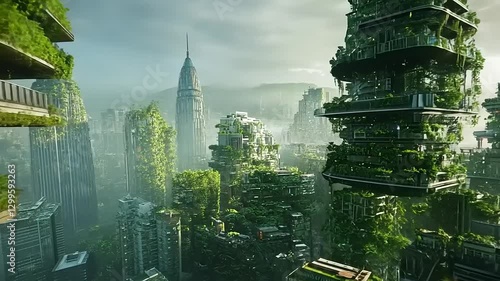 Futuristic urban landscape with lush greenery, towering structures, and distant skyline under cloudy sky