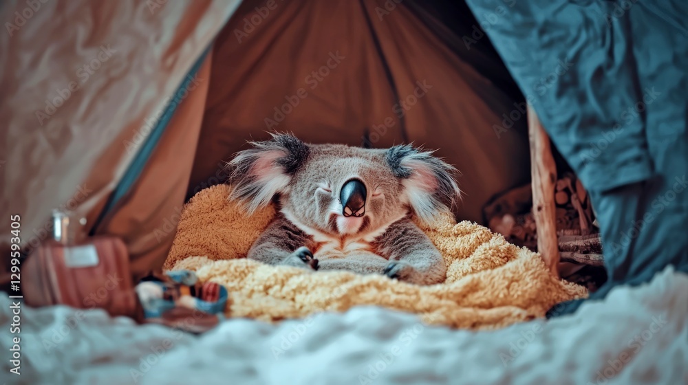 Naklejka premium Adorable Koala Sleeping Peacefully in Cozy Tent