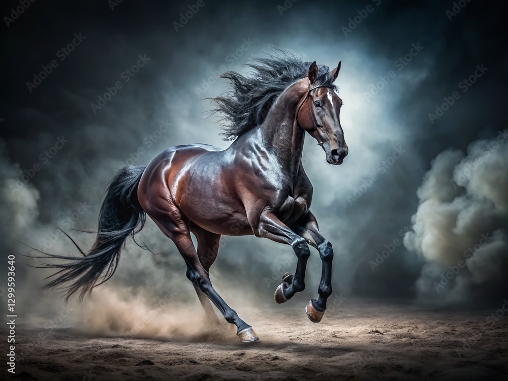 Majestic Black Stallion Galloping in Darkness - Powerful Stock Photo Majestic Black Stallion Galloping in Darkness - Powerful Stock Photo
