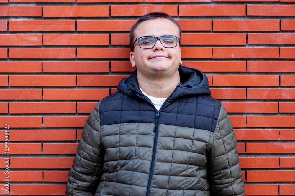 Confident Young Man with Disability Smiling Against Brick Wall Confident Young Man with Disability Smiling Against Brick Wall