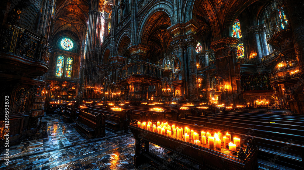 A serene candlelit interior of a grand cathedral, showcasing intricate architecture and stained glass windows A serene candlelit interior of a grand cathedral, showcasing intricate architecture and stained glass windows