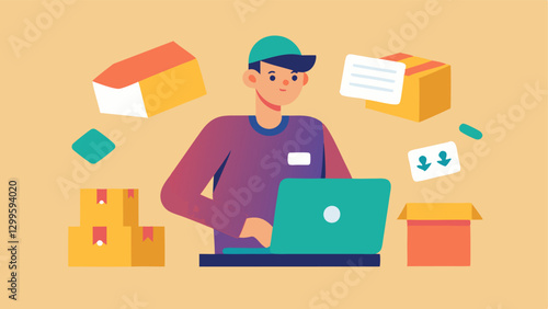 Social Media Promotion A figure creating posts for social media platforms with a phone displaying trending hashtags and product images.