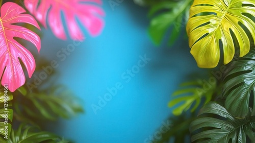 Tropical Monstera Leaves  Vibrant Pink   Yellow  Blue Background  Trendy Wallpaper