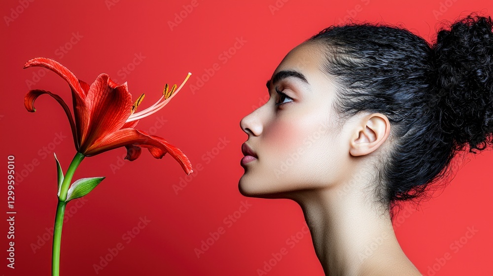 Fototapeta premium Woman smelling red lily flower beauty nature profile red background