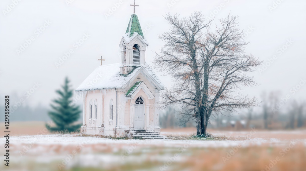 Serene Winter Church Landscape Snow Tree Faith Tranquility Serene Winter Church Landscape Snow Tree Faith Tranquility