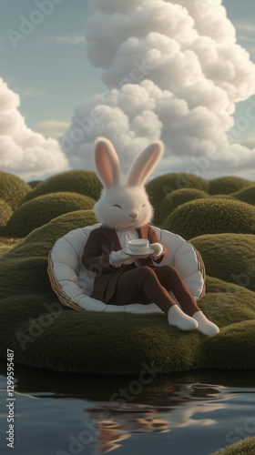 Illustration 3D lapin blanc anthropomorphe en costume brun buvant du thé dans un paysage onirique, inspiré du conte alice au pays des merveilles photo