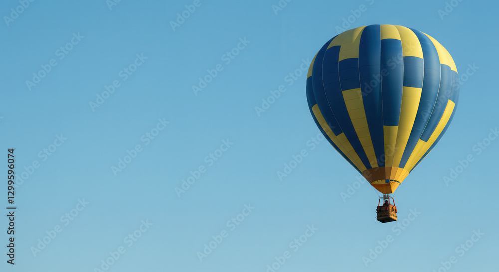Colorful Hot Air Balloon Drifting in Blue Sky Over Scenic Landscape Colorful Hot Air Balloon Drifting in Blue Sky Over Scenic Landscape