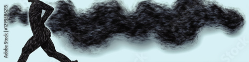 Dynamic Vector Art of Running Silhouette Amidst Abstract Smoke Trail Against Light Blue Background - Capturing Motion and Energy in Graphic Design