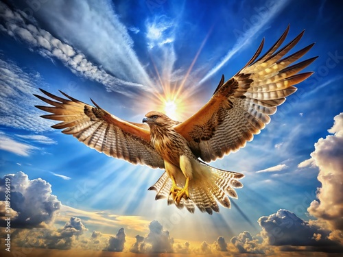 Majestic Hawk Soaring in a Vast Blue Sky - Panoramic Wildlife Photography