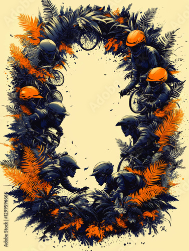 Dynamic Vector Art of Cyclists and Jungle Foliage Featuring Vibrant Orange Helmets and Intricate Details in Nature Surrounded by Lush Greenery and Ferns