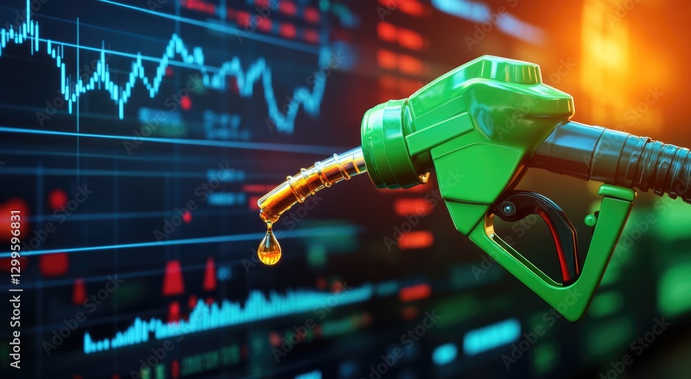gasoline petroleum fuel nozzle with blurred background of crude oil trading market price graph chart of business on a global industrial.
