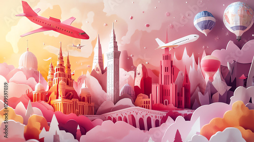 A vibrant and whimsical travel landscape featuring iconic landmarks.