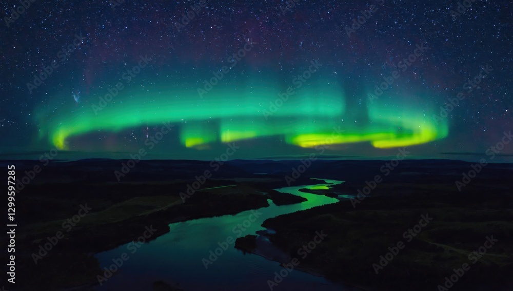Naklejka premium Aurora borealis dancing over river valley northern lights nature