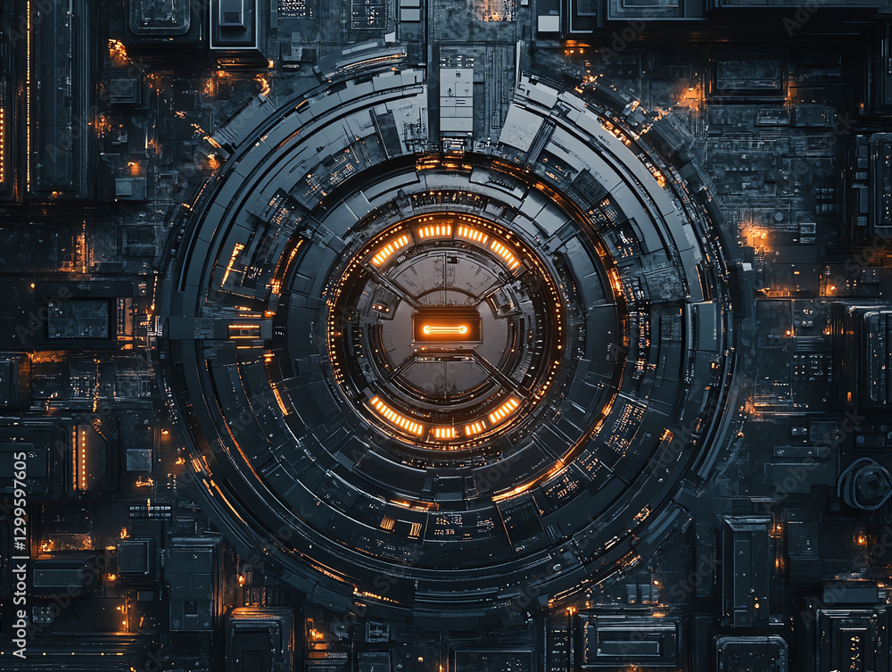 Fototapeta premium Abstract dark technology background with glowing circles and patterns.