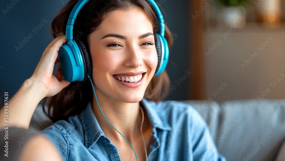 Naklejka premium Woman enjoying music with headphones and a smile