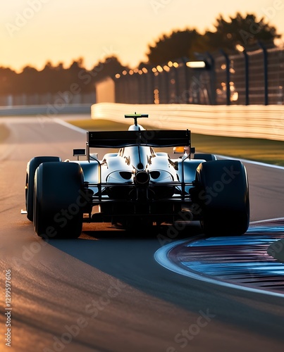Rear view of a high-performance Formula 1 race car speeding on a track at sunset, casting long shadows with a dramatic sky in the background, symbolizing speed, power, and competition

