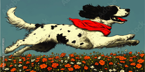 Joyful Black and White Dog Leaping over Vibrant Spring Meadow with Red Scarf, Capturing Blissful Canine Playfulness in Nature-Themed Vector Illustration