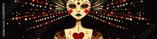 Surreal Abstract Vector Art: Futuristic Female Figure with Heart Motif and Radiating Dots in Red and Orange - Unique Design for Modern Artistic Inspiration