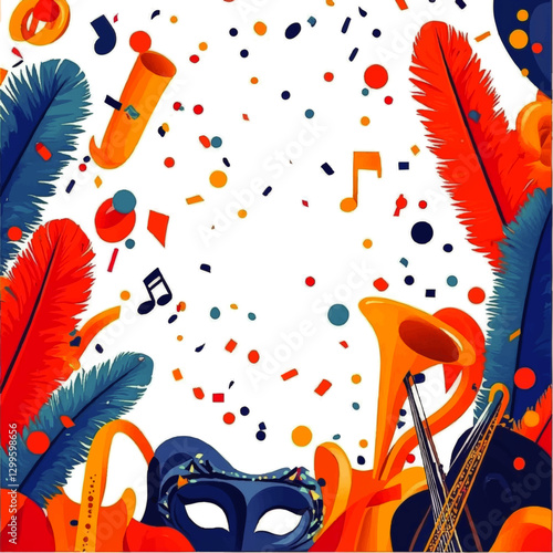 Vibrant Mardi Gras Carnival Vector Illustration with Musical Instruments, Feathered Masks, Colorful Confetti, and Music Notes for Festive Celebration Design