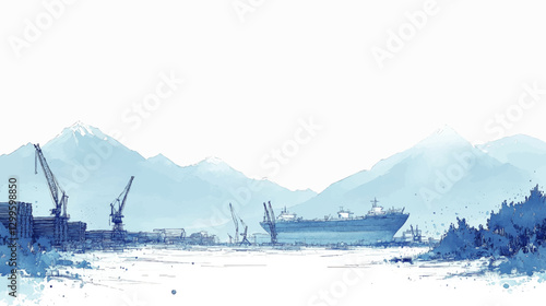 Majestic Blue Industrial Port Vector Image with Cargo Ship, Cranes, Mountains, and Watercolor Aesthetic for Nautical and Maritime Design Inspirations