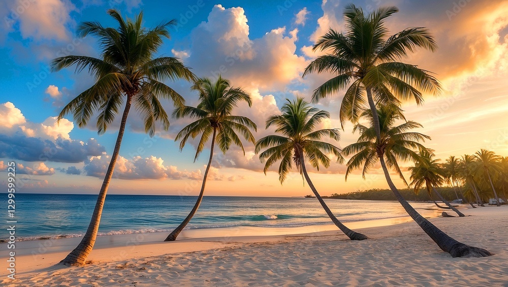 Obraz premium Serene sunset over palm trees at beautiful beach