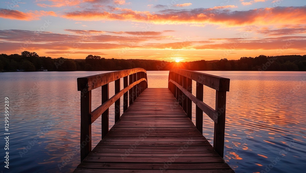 Fototapeta premium Serene sunset reflection over a wooden bridge