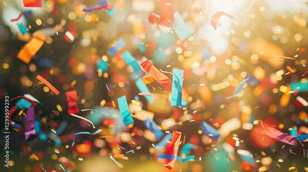 Fototapeta premium Confetti: A burst of tiny paper squares in bright colors, thrown to celebrate events like parades or parties, filling the air with festive energy and joy. 