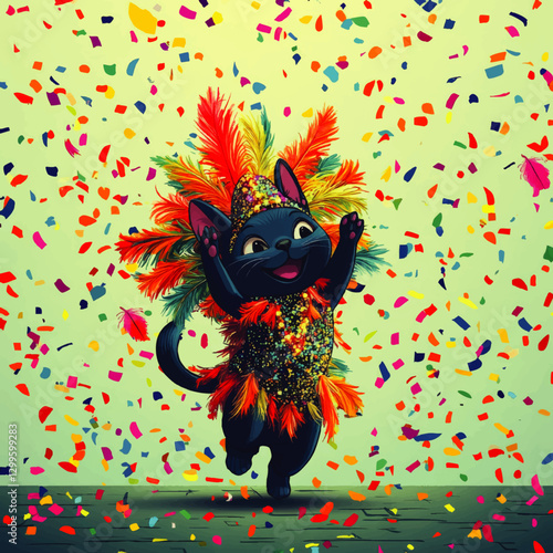 Colorful Cat in Festive Feather Costume Celebrating with Confetti on Green Background - Vivid Vector Illustration of Partying Cat for Carnival and Celebration Themes