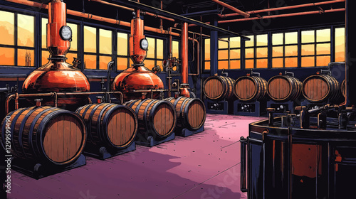 Explore a Classic Distillery at Sunset: Copper Stills, Wooden Barrels, and Industrial Brewery Equipment in Vibrant Vector Art Illustrating Whiskey Production