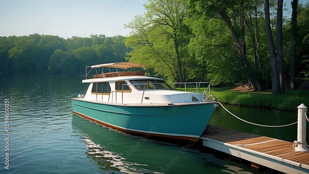 Serene boat docked by a calm lake Serene boat docked by a calm lake