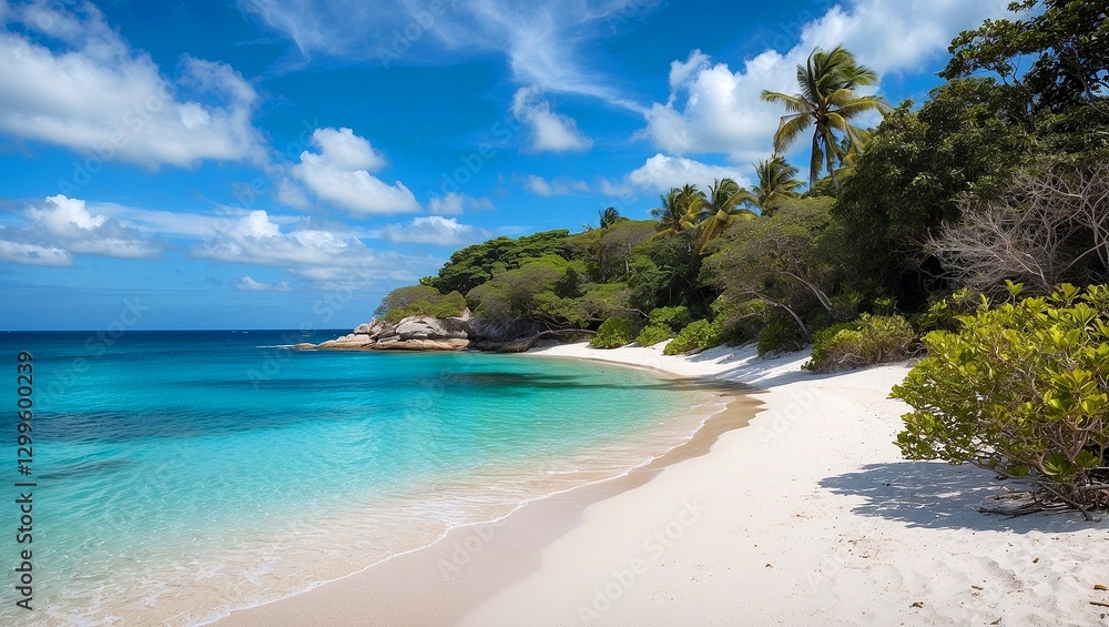 Serene beach with clear blue ocean and lush surroundings Serene beach with clear blue ocean and lush surroundings