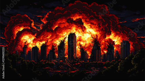 Dramatic Vector Art of Urban Skyline Ablaze: Pixel Flames Engulf City Buildings and Night Sky in Vivid Explosive Scene - Perfect for Apocalyptic Illustrations