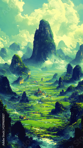 Majestic Vector Landscape with Lush Mountain Peaks and Serene Valley Fields under Vibrant Sky and Tranquil Clouds - Discover Stunning Natural Harmony Art